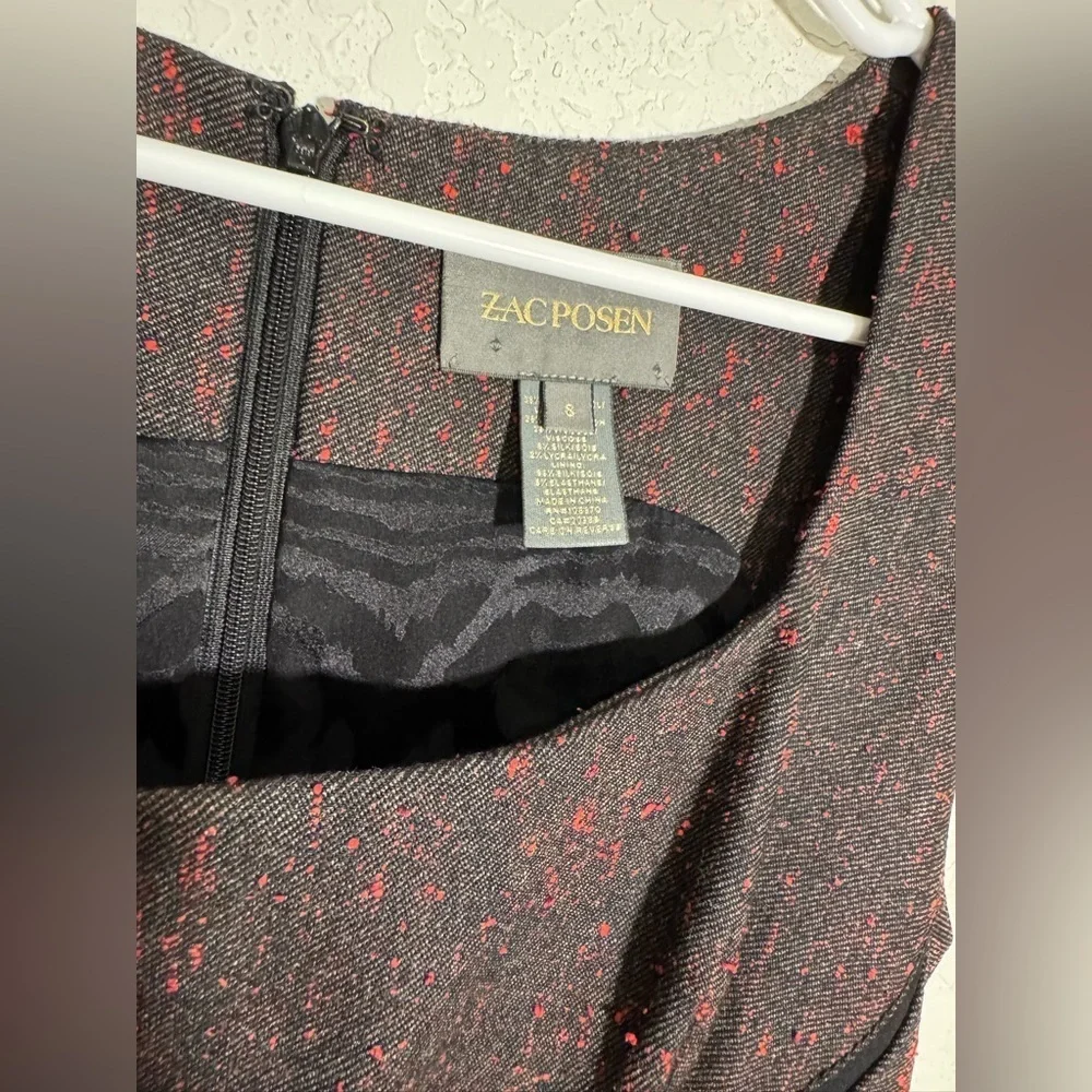 Zac Posen Wool Blend Sheath Dress Womens 8 Black Red Fleck Square Neck Silk - Picture 5 of 10